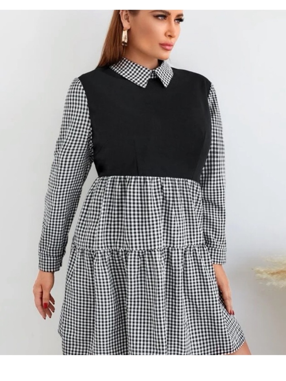 Black and White Gingham Tiered Long-Sleeve Dress BNWOT size L